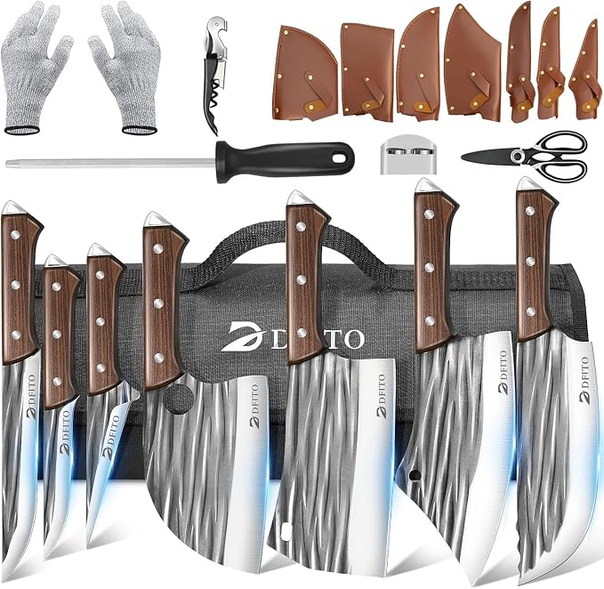 Butcher Knife Set, Sharp Kitchen Knife Set with Roll Bag Gift for Men | Hand Forged 14PCS Butcher Chef Knife Set with Bone Chopping Knives & Meat Cleaver Knife & Fillet Knives for Home, Camping BBQ