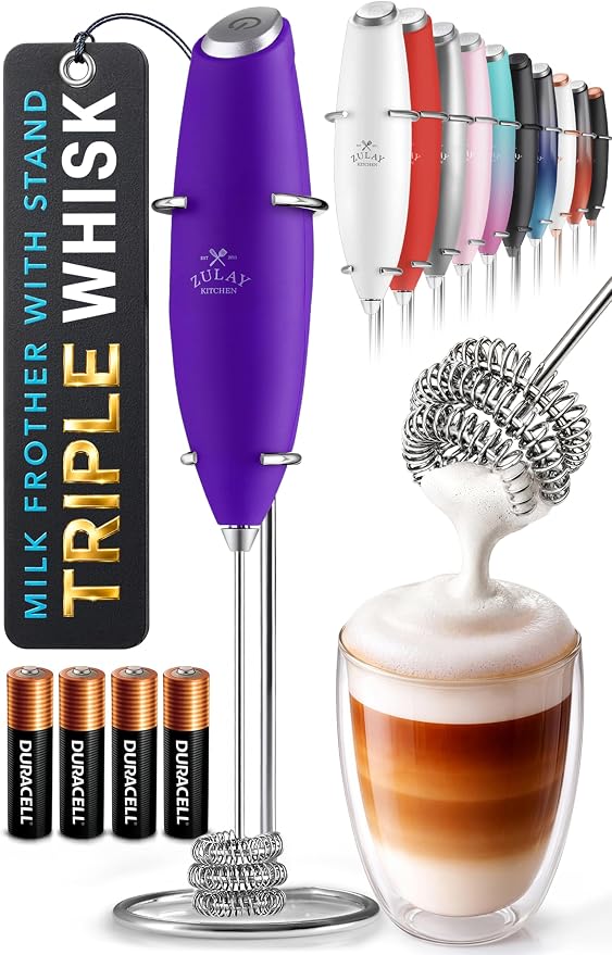 Zulay Kitchen Powerful Milk Frother Wand With Duracell Batteries - Ultra Fast Handheld Drink Mixer - Electric Whisk Foam Maker for Coffee, Lattes, Cappuccino & Matcha - Triple Whisk - Black