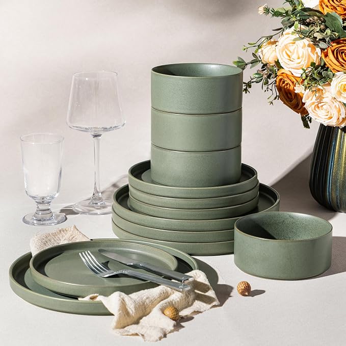 LERATIO Stoneware Dinnerware Sets for 4,12-Piece Matte Plates and Bowls Set | Handmade High Edge Rim Dish Set,Oven & Microwave,Dishwasher Safe,Scratch Resistant-Green