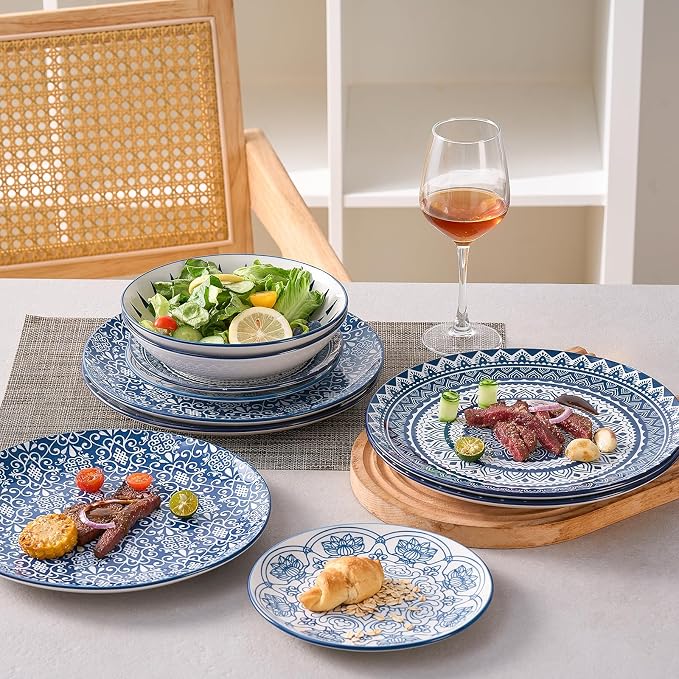 Bestone Porcelain Dinnerware Sets Service for 4, 12 pcs Hand drawn Plates and Bowls Sets, Handmade Ceramic Dish Set, Chip Resistant Modern Plate Set, Dishwasher/Microwave Safe，Vintage Blue