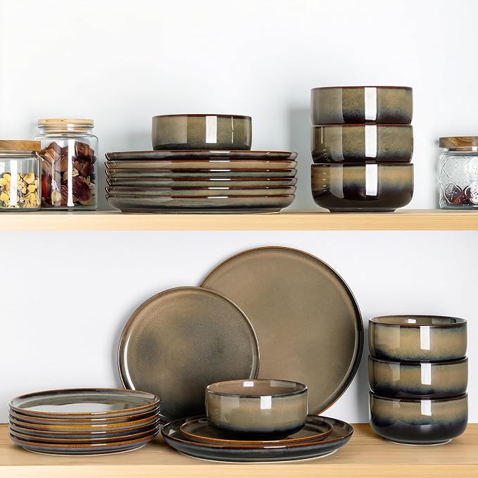 Ceramic Dinnerware Set for 8, 24-Piece Plates and Bowls Set | Handmade Reactive Glaze Dish Set, Scratch Resistant, Oven & Microwave & Dishwasher Safe, Mocha Brown