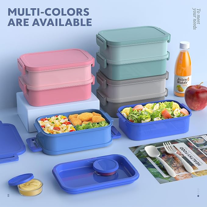 Adult Bento Lunch Box - 3 Layers Stackable Bento Lunch Box for Adults, 72oz Large All-in-One Bento Box Leak-Proof Lunch boxes with Utensil Sauce Containers, Ideal for Dining Out,Work, Blue