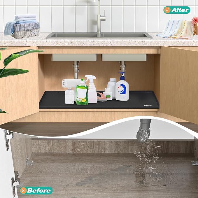 Silicone Under Sink Mat, 34"x19", Waterproof Cabinet Liner, Black | Shelf Liner, Cabinet Protector, Home Organizer, for Kitchen, Bathroom, Multipurpose, Leak Proof, Easy Clean, Drip Tray, Clean