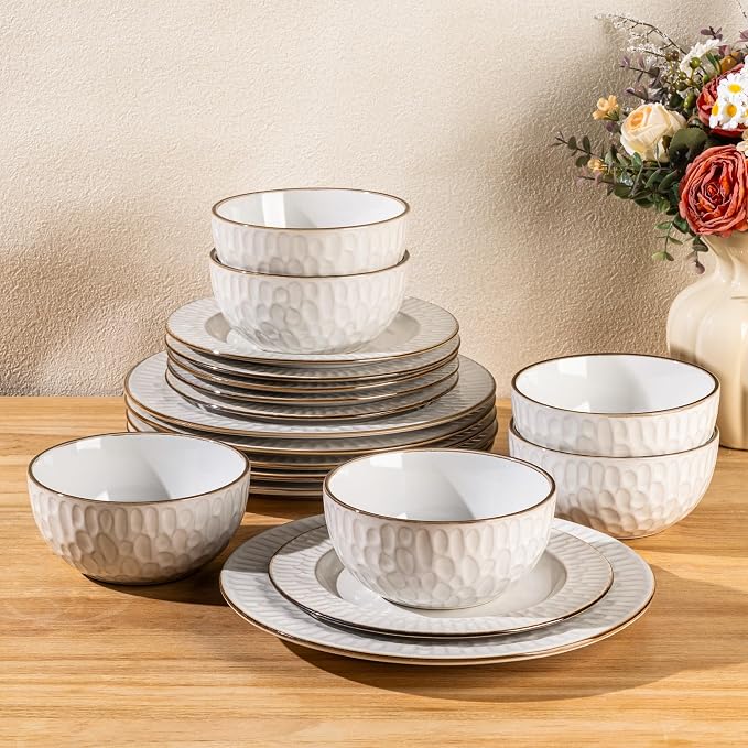 GBHOME Ceramic Dinnerware Sets of 6,18 pcs Plates and Bowls Sets Dishes | Embossed Elegant Stoneware Dishes Set | Dishwasher & Microwave Safe | Service for 4