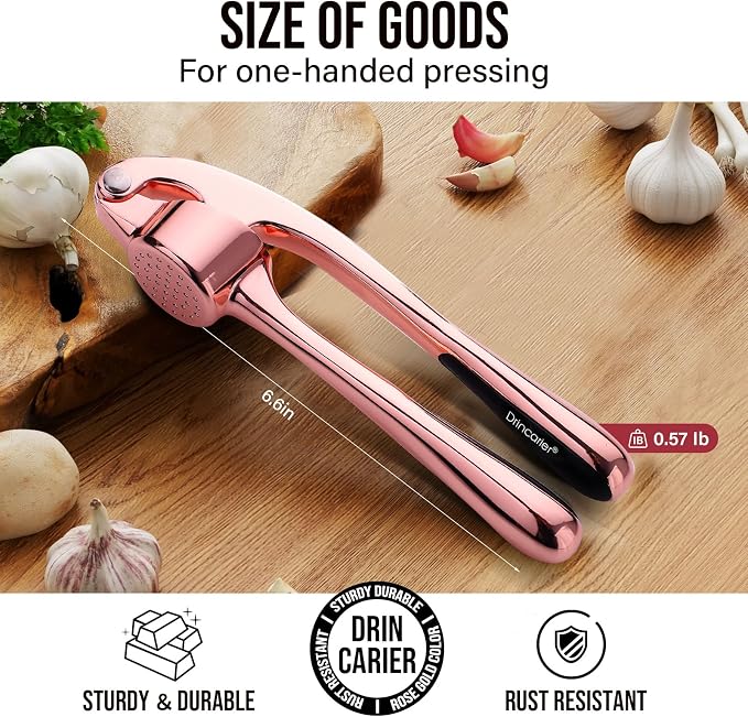 Kitchen Garlic Press, Rust Proof & Dishwasher Safe Garlic Mincer, Durable Garlic Crusher, Easy to Clean and Squeeze, Rose