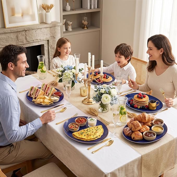 6PCS Oval Blue Plastic Plates - 10"x12" Navy Blue and Gold Plastic Platters - Heavy Duty Oval Disposable Serving Trays for Parties/Birthday/Weddings/Catering/BBQ