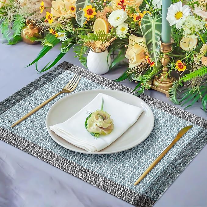 Blue Grey Placemats Set of 4, 12x18 Inch Faux Linen Table Mats | Heat Resistant and Washable Design, Easy to Clean Surface for Dining Rooms, Kitchens, Outdoor Parties and Everyday Home Decor