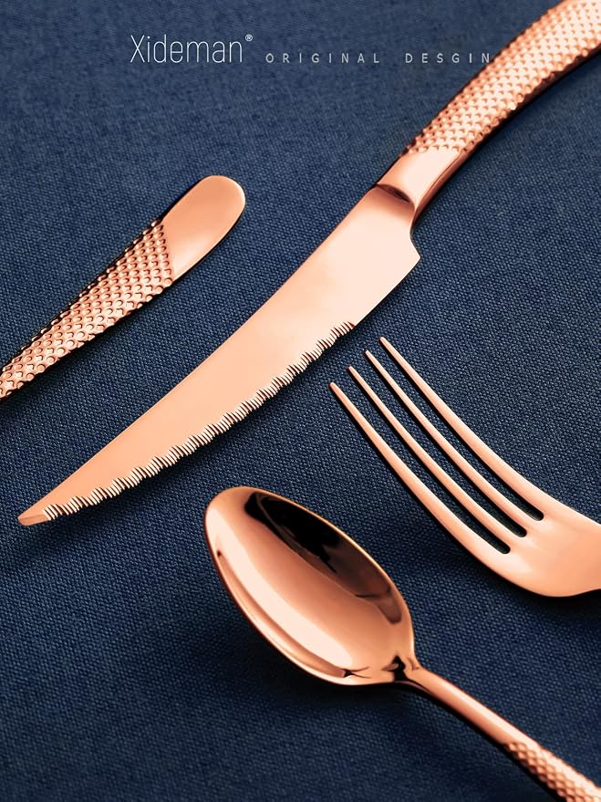 16-Pc Modern Copper Hammered 18/10 Stainless Steel Silverware Set | Ultra Sharp 2-IN-1 Serrated Knives, Ergonomic Non-Slip Handles, Service for 4, Rust Resistant, Dishwasher Safe