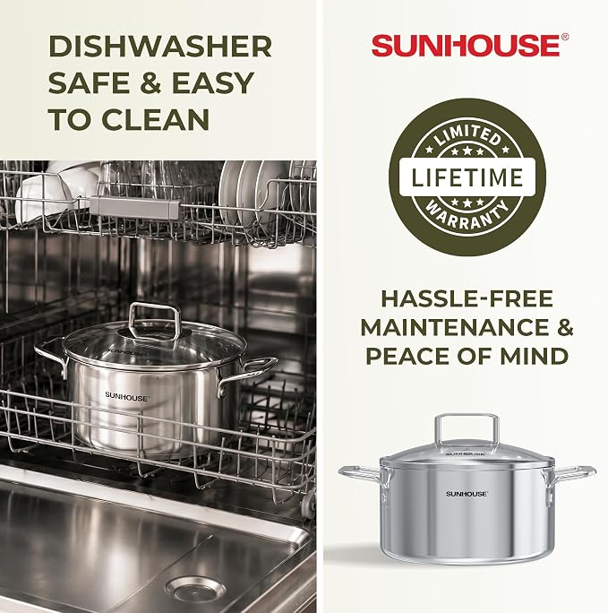 SUNHOUSE 3.4 QT Fully Clad Tri-ply Stainless Steel Stock Pot with Glass Lid | Small Everyday Soup & Pasta Pot - Rice, Blanching, Broth - Even-Heating Tri-Ply Base, Induction Compatible, Dishwasher Safe