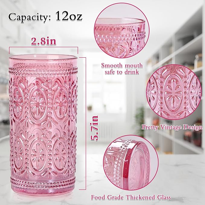 Darlion Vintage Glassware, Pink Glasses Drinking, 12oz Highball Glasses | Lead-Free Glass, Food Grade Glass, Durable&Sturdy, Vintage Decoration