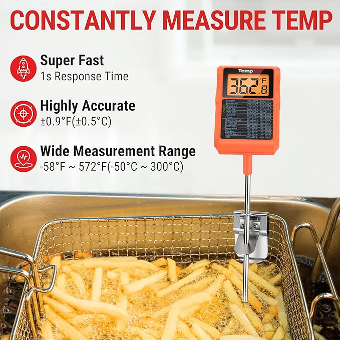 TempPro TempDip 1 Sec Digital Candy Thermometer with Pot Clip & 10" Probe | Waterproof Instant Read Deep Fryer Oil Thermometer, Cooking Meat Thermometer for Liquids, Grilling (Previously ThermoPro)