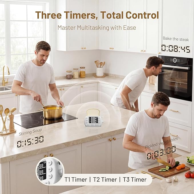 Digital Kitchen Timer for Cooking Magnetic Countdown Timers White | 3-Channel with Memory Preset for Baking, Toaster, Eggs Includes Memo Notes
