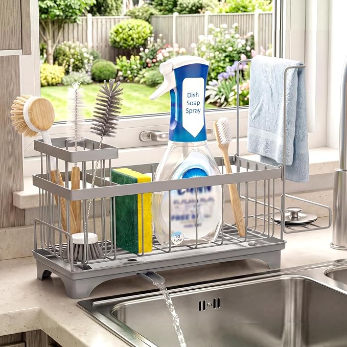 VOOWO Sponge Holder for Kitchen Sink, Compact Sink Caddy with Brush Holder | 304 Rustproof Stainless Steel Dish Soap Holder, Small Kitchen Sink Organizer, Self-Draining Dish Wand Holder with Towel Rack