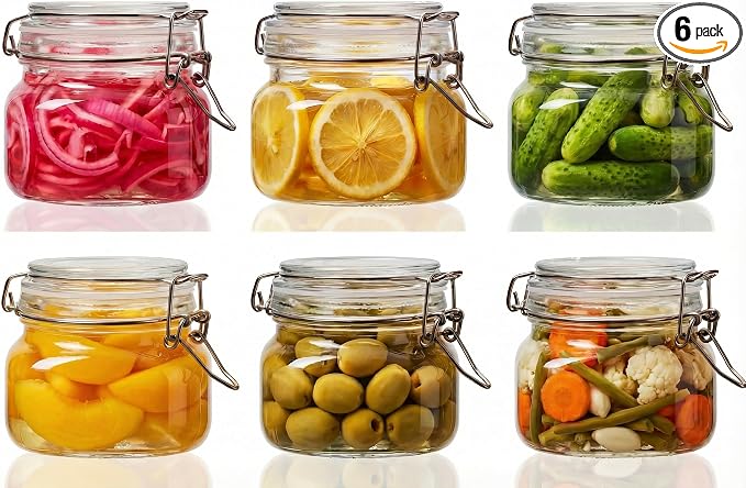 17 oz Square Glass Jars with Airtight Lids, 6 Pack Mason Jar with Clamp Lid | Air Tight Glass Food Storage Containers with Lids Keep Food Dry & Fresh, Best Canister for Flour, Sugar, Cereal, Rice, Coffee