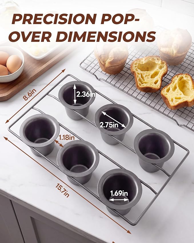 Bake Choice Nonstick 6-Cup Popover Pan, Heavy-Duty Carbon Steel | Rust-proof | Flake-free | Warp-resistant | Fast heating | Professional Yorkshire pudding pan with PFOA-free coating