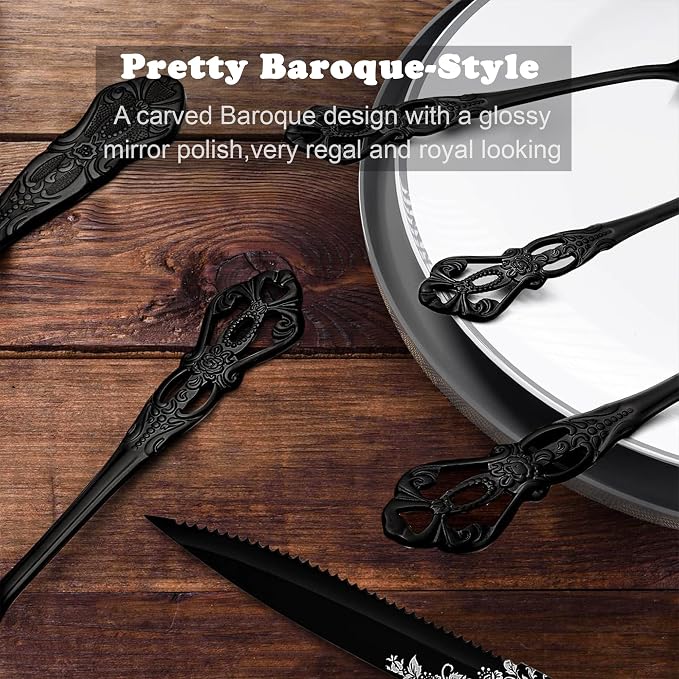 Runfly Gorgeous Retro Royal Black Stainless Steel 48-Piece Flatware Set | Silverware Set for 8, Anti-rust Cutlery Set Utensils Kitchen Including Fork Spoon and Knife