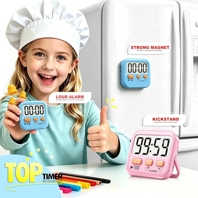 2 Pack Digital Timer for Kids Classroom Kitchen Timers for Cooking | w/ Battery, Easy to View, Alarm, Mute Mode, Count Down/Up, Magnetic, Kickstand, Hanging, Classroom Timer for Teacher Supplies