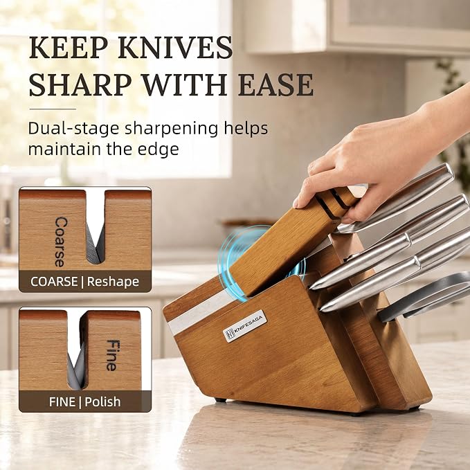 KnifeSaga Kitchen Knife Set with Block and Detachable Sharpener | 8-Piece High Carbon Stainless Steel Knife Block Set, Fully Forged Blades & Compact Design