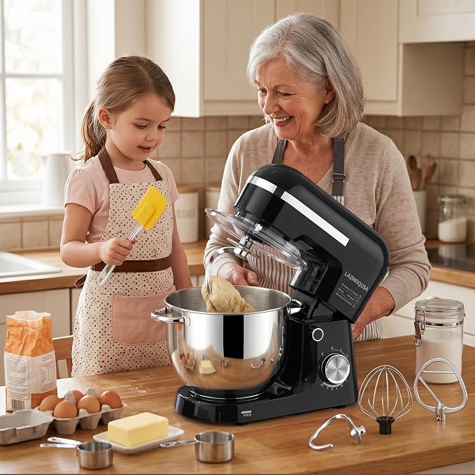 6in1 Stand Mixer with 6.5 Quart Bowl, 660W 10+p Speeds Kitchen Food Mixer Tilt-Head Bread Dough and Cake Mixers for Home Daily Use (Black)