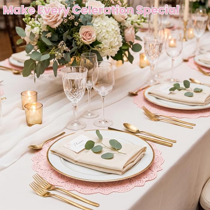 100 Pack 13.5 Inch Round Pink Paper Doilies, Disposable Lace Placemat | Rustic Scallop Doily Table Pads, Heavy-Duty Paper Place Mats for Cakes, Crafts, Parties, Weddings, Buffet, Home Decor