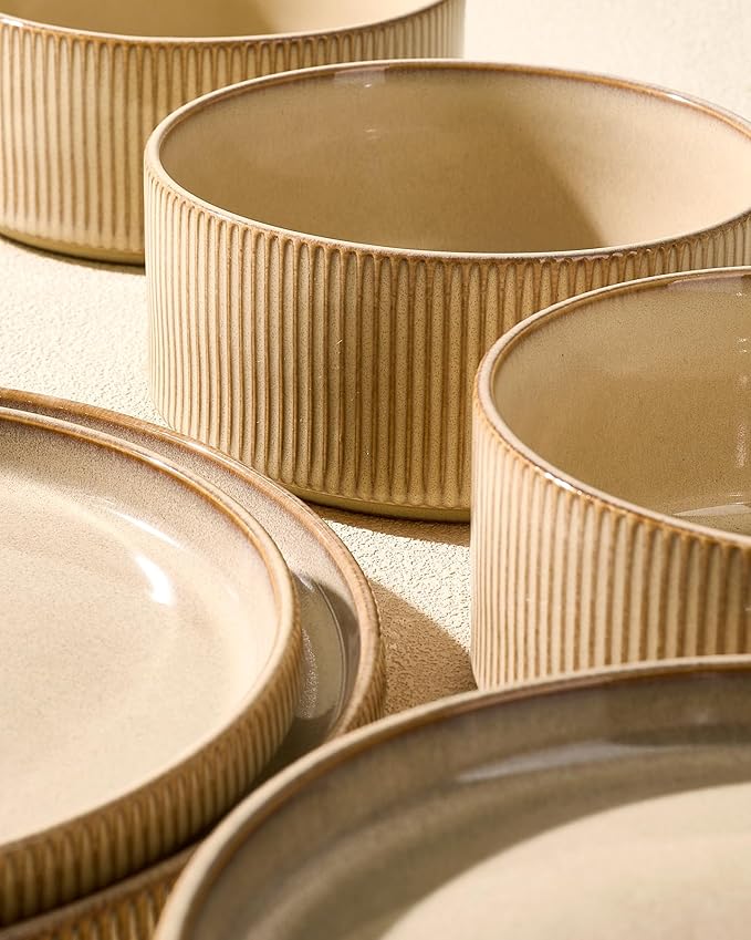 Stoneware Dinnerware Sets, Reactive Glaze Dishes Set for 8 | 24-Piece Handmade Ceramic Plates and Bowls, Microwave and Dishwasher Safe, Chip and Scratch Resistant, Modern Rustic, Cream