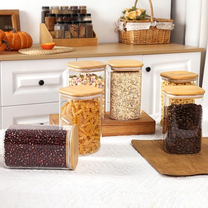 Moretoes 6pcs Glass Food Storage Containers with Lids, 1.2qt Glass Jars | Square Glass Storage Containers with Bamboo Press Lids, Airtight Pantry Storage Jars for Flour, Sugar, Dry Goods