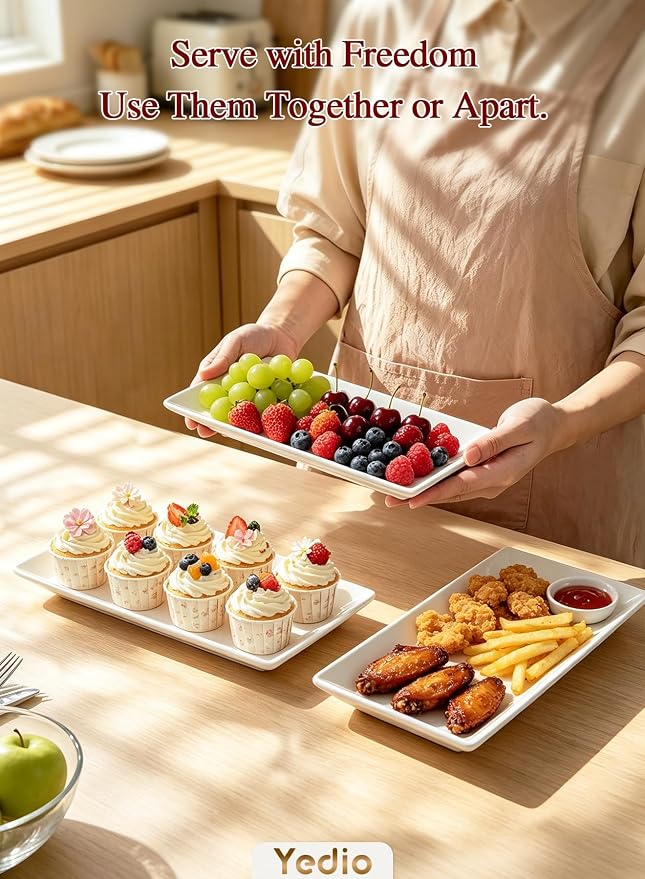 3 Tier Serving Tray, 12 Inch Dessert Display Stand, Black Stand | 3*Porcelain Durable Serving Plates, Microwave/Dishwasher Safe, Modern Cupcake Fruit Buffet Display, Wedding/Tea/Party serving