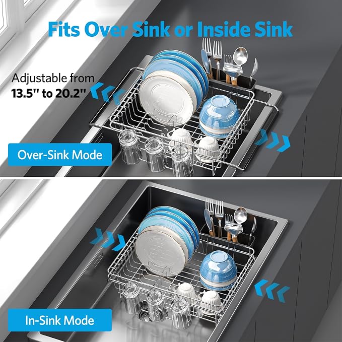 Delamu Over The Sink Dish Drying Rack for Small Kitchen | Expandable Stainless Steel in Sink Dish Drainer, Dish Rack for Kitchen Inside Sink with Utensil Holder, Rustproof, Medium