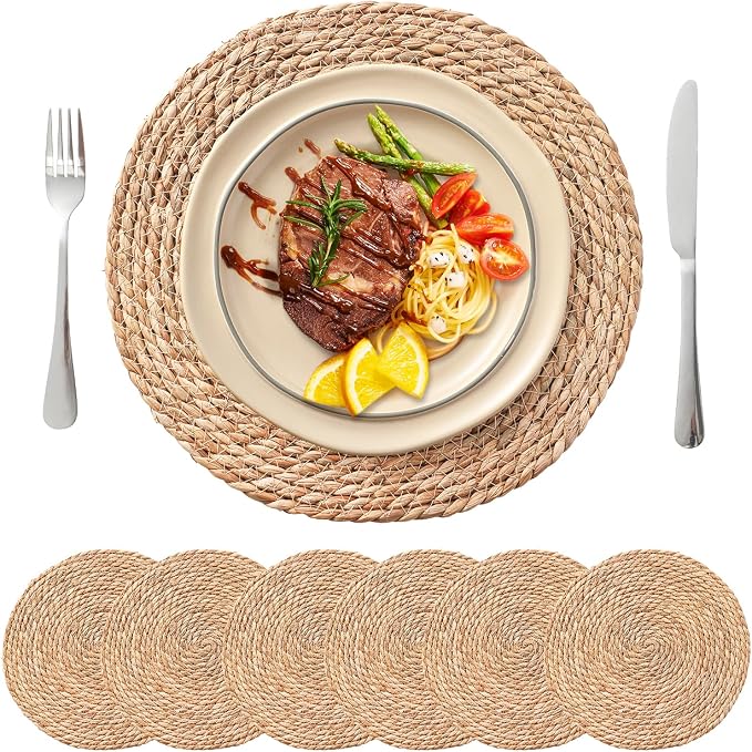 13.8'' Round Woven Placemats Set of 6, Boho Wicker Chargers, Terrekraft | Handmade from Natural Water Hyacinth, Heat-resistant & Non-slip Rattan Chargers, Rustic Farmhouse Decor, Party & Daily Dining