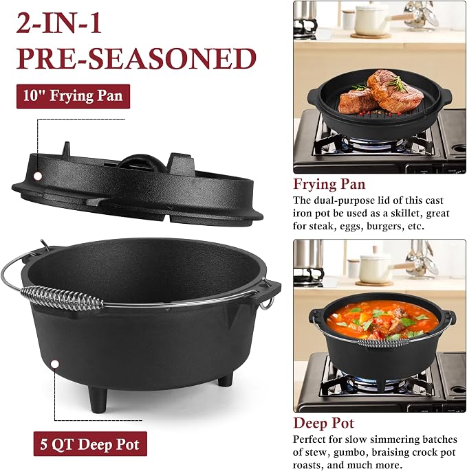 Leonyo 5QT Camping Dutch Oven with Lid Lifter, Pre-Seasoned & Cast Iron | 2-IN-1 Cast Iron Camping Dutch Oven, Heat Conduction & Good Sealing & Heavy Duty