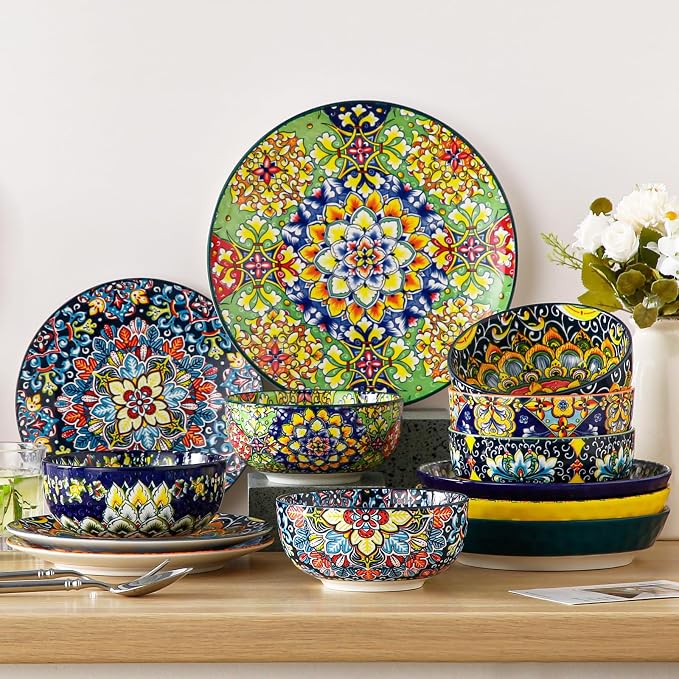 vancasso SIMI 28 oz Cereal Bowls Set of 6, Bohemian Ceramic Soup Bowls | For Pasta, Salad, Ramen, Fruit Serving, Dishwasher and Microwave Safe, Porcelain, Chip-Resistant, Decorative Bowls