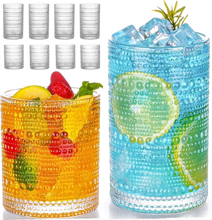 Hobnail Drinking Glasses Set of 8, 12 oz Highball Glasses & 10 oz Cocktail Glasses, Embossed Vintage Kitchen Glassware, Dishwasher Safe Glasses Drinking Set for Whiskey, Juice, Cocktails, Beer