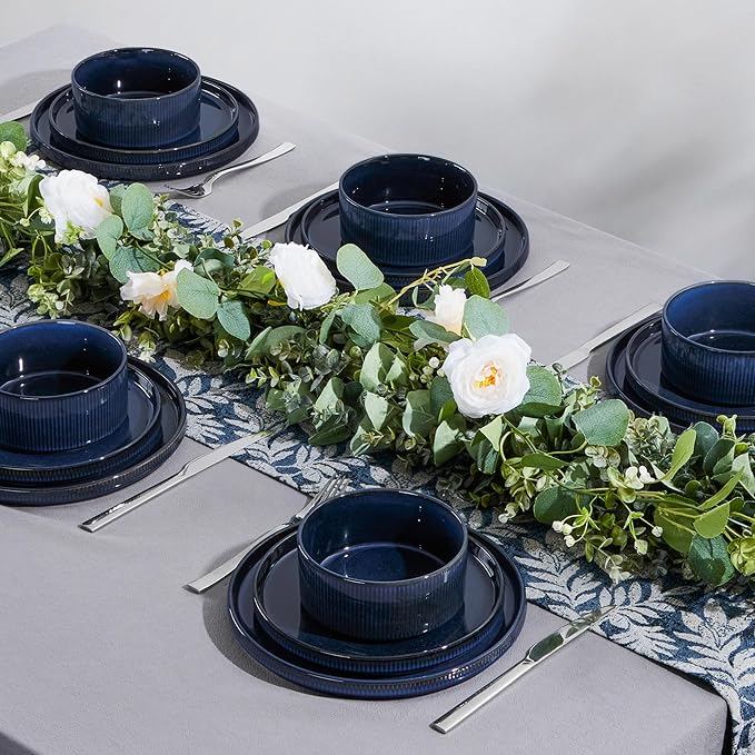 LIANYU 24 Piece Dinnerware Sets with Pasta Bowls for 6, Ribbed Dishes Plates and Bowls Set, Microwave & Dishwasher Safe Ceramic Stoneware for Home Kitchen, Scratch and Chip Resistance, Twilight Blue