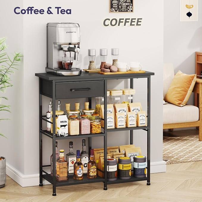 SWTYMIKI Bakers Rack with Storage - Coffee Bar Cabinet Organizer, Coffee Station for Kitchen Dining Room, Microwave Stand with Adjustable Feet, Black