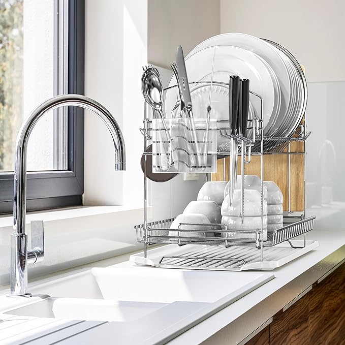 Simple Houseware 2-Tier Stainless Steel Dish Rack with Drainboard, Chrome