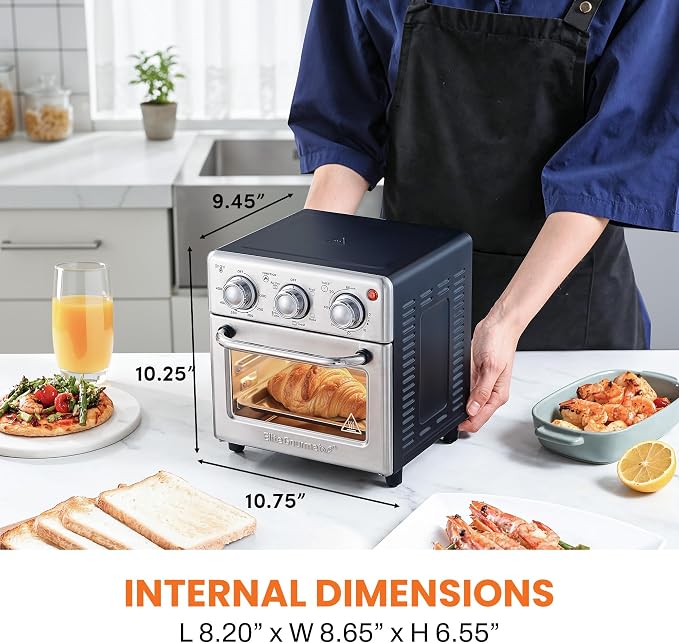 Elite Gourmet Compact Mini Air Fryer Oven, 8.5Qt, 800W, Stainless Steel | Adjustable Time & Temperature Controls - Includes Air Fry Basket, Bake Pan & Recipes - Great for Countertop Use