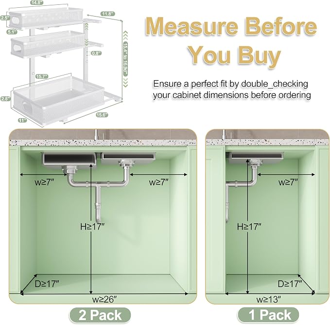 2 Pack Under Sink Organizer,3-Tier White Metal Pull Out Kitchen Cabinet Organizers,Slide Out Undersink Storage Drawers,Under The Sink Organization and Storage, Bathroom Shelves for Pantry,Laundry Room