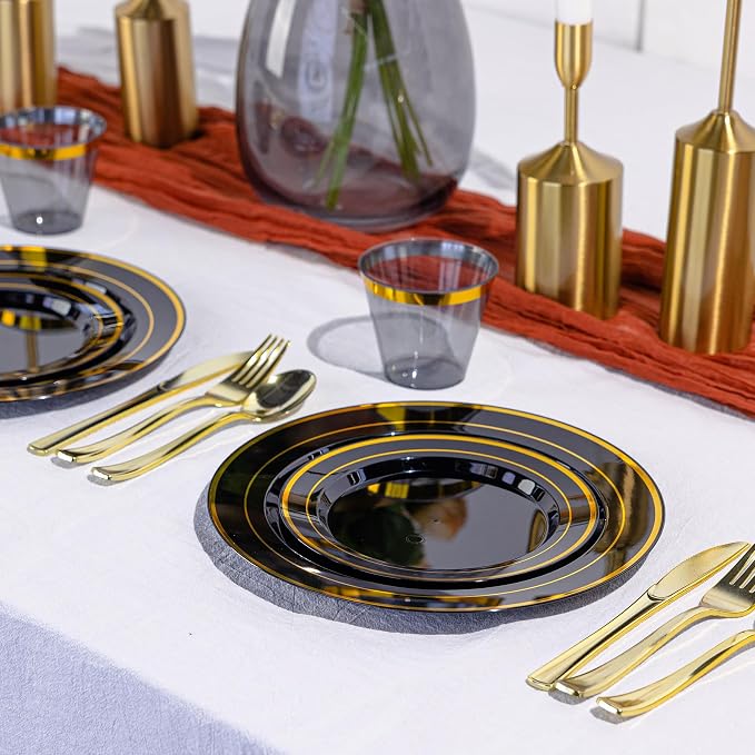 600PCS Black Gold Plastic Plates, Disposable Dinnerware Set for Party | 100 Guest, 100 Dinner & Dessert Plates, Forks, Spoons, Knives, Cups, for Birthday, Graduation, Retirement & Wedding