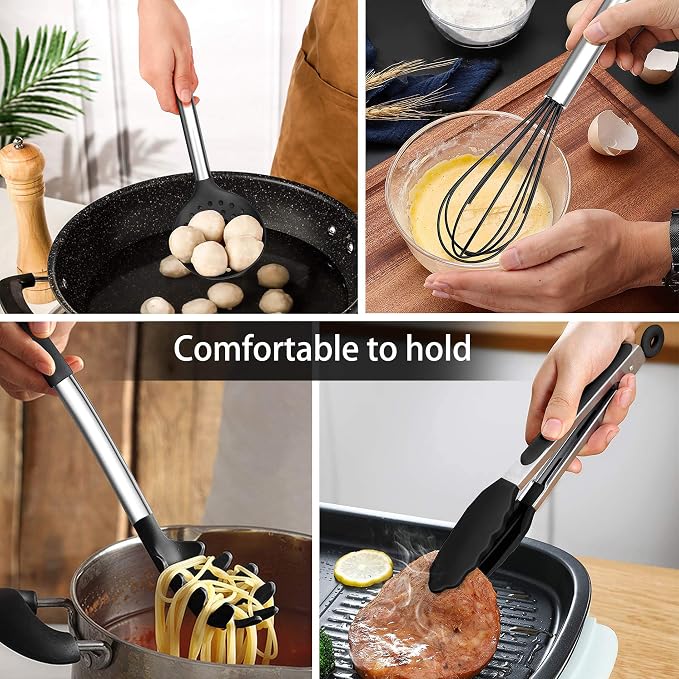 LIANYU 15-Piece Kitchen Cooking Utensils Set with Holder | Silicone Kitchen Tools Stainless Steel Handle, Slotted Spatula Spoon Turner Tong Whisk Brush for Cooking, Black