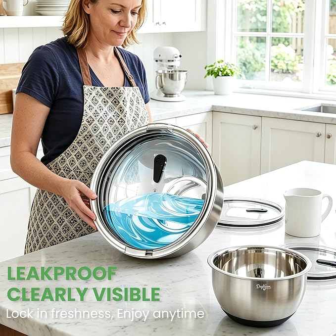 Mixing Bowls with Clear Airtight Lids, 3-Piece Stainless Steel Set, Black | Silicone Vent Plug, Secure Seal Design, 1.5/3/5 QT, Dishwasher-Safe Lids, Non-Slip Base, Measurement Marks, Nesting Design