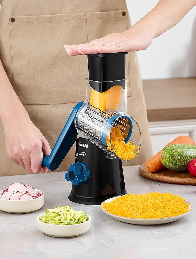 Geedel Rotary Cheese Grater, Kitchen Mandoline Vegetable Slicer with 3 Interchangeable Blades, Easy to Clean Rotary Grater Slicer for Fruit, Vegetables, Nuts | 3 Blades, 430 Stainless Steel, 12x Fast Cutting, Strong Suction Base, No BPA, Dishwasher Saf...