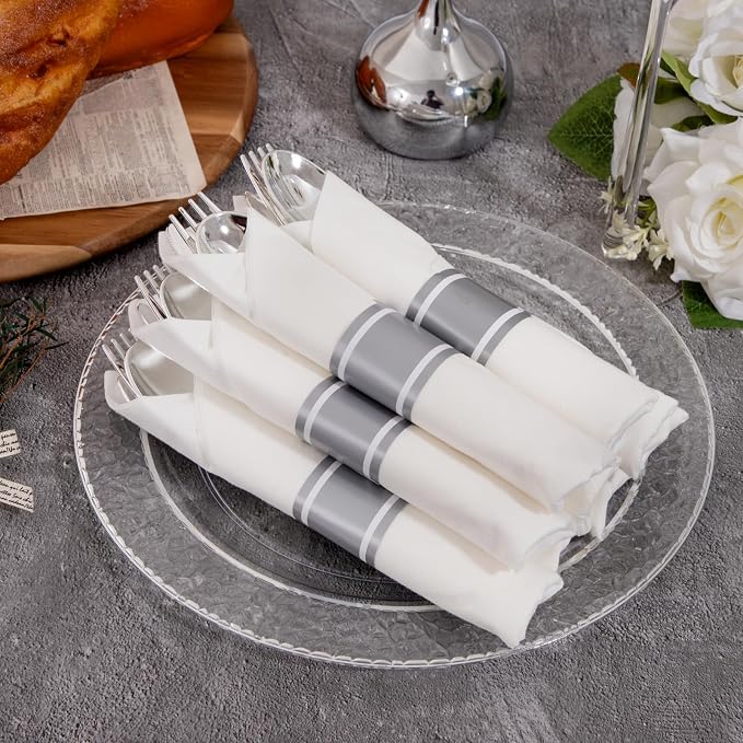 400PCS Silver Wrapped Silverware Set Disposable Hammered for Wedding | Pre-Rolled and Individually Wrapped, 100 Guests, Durable and Sturdy, BPA free, Includes Matching Napkins, for Upscale Dinners
