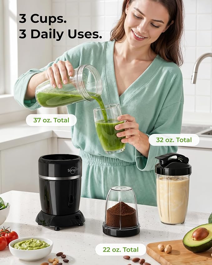 Sangcon 1000W Personal Smoothie Blender, Protein Shakes, Home & Gym, Black | 37/32/22 oz BPA-Free To-Go Cups with 6-Leaf Blade, Frozen Fruit, Ice Crushing, Baby Food, Sauces, Dips, Coffee, Nuts, Spices