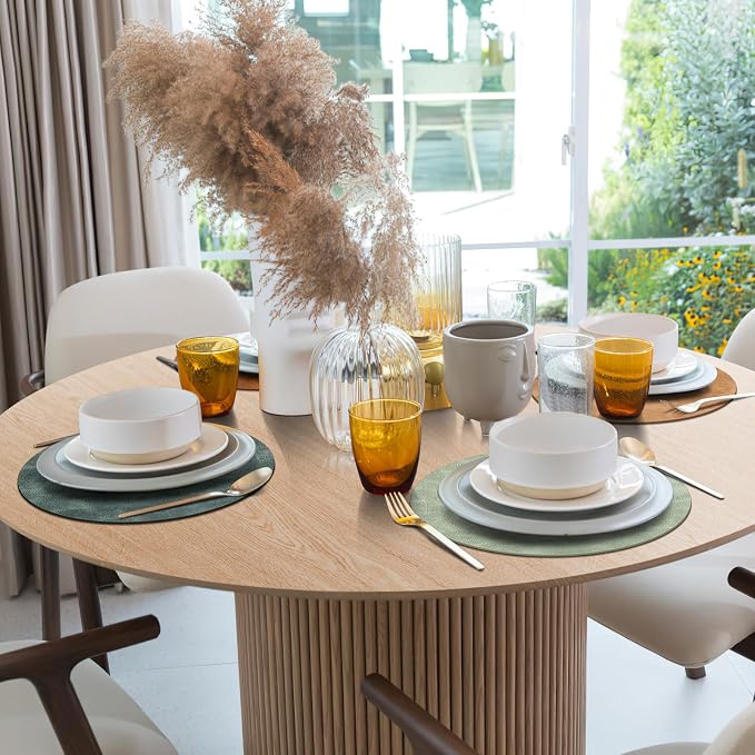 ADRIMER Placemats, Heat Resistant Round Placemats Set of 4 Washable, Waterproof Table Mats, Wipeable Faux Leather Place Mats for Kitchen, Dining Room, Turmeric Brown+Light Brown+Green+Blue