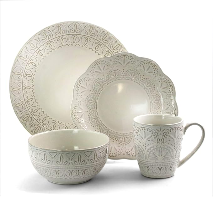 Elama White Lace 16 Piece Round Scallop Stoneware Dinnerware Set in White