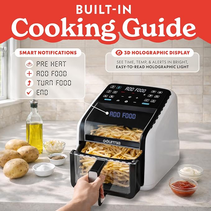 Gourmia Air Fryer 7 QT - Easy View Panorama Window & Interior Light, Guided Cooking with 12 One-Touch Presets, FryForce 360, Dishwasher Safe Accessories, White