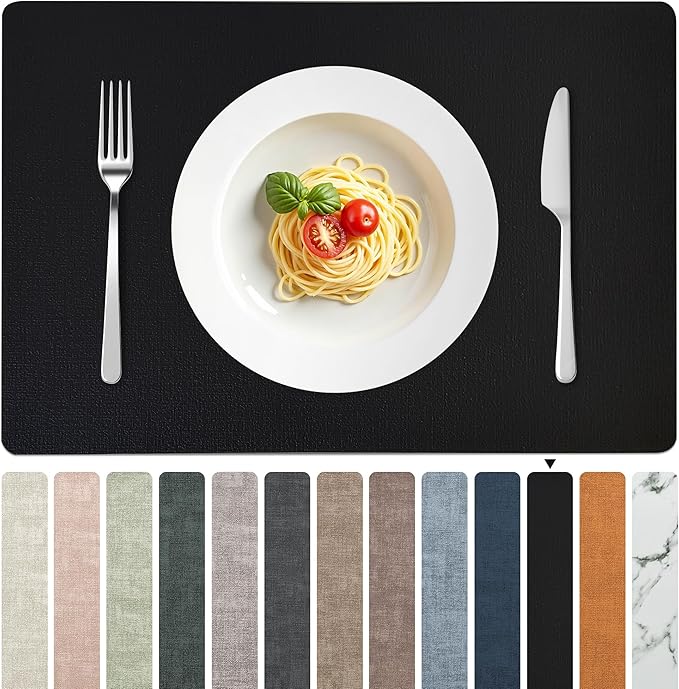 FROMHEART Faux Leather PU Placemats Set of 6 (Black,11.8" x 17") | Waterproof,Heat/Oil Stain-Resistant Table Mat–Reversible,Non-Slip,Easy to Clean Place Mats for Kitchen,Dining,Indoor/Outdoor
