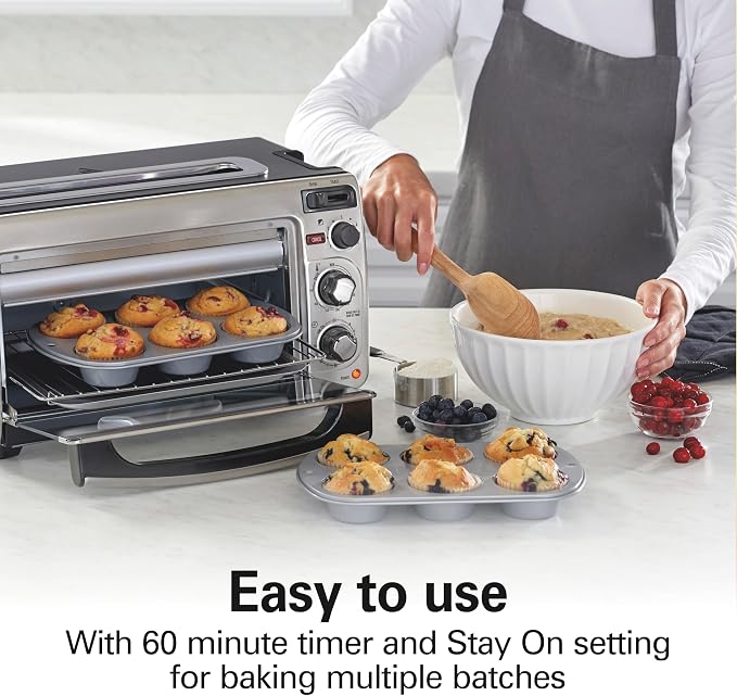 Hamilton Beach 2-in-1 Countertop Toaster Oven and Long Slot 2 Slice Toaster | Bake, Broil Toast | 2 Rack Positions | 60 Minute Timer | Automatic Shut Off | Shade Selector | Stainless Steel | 31156J