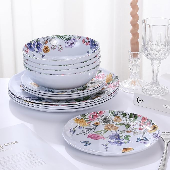 12 Piece Melamine Dinnerware Sets - Plates And Bowls Sets Floral | Dinnerware Sets- Spring Camping Dishs Indoor Outdoor Use,Flowers And Butterflies Pattern Tableware Lightweight Service for 4
