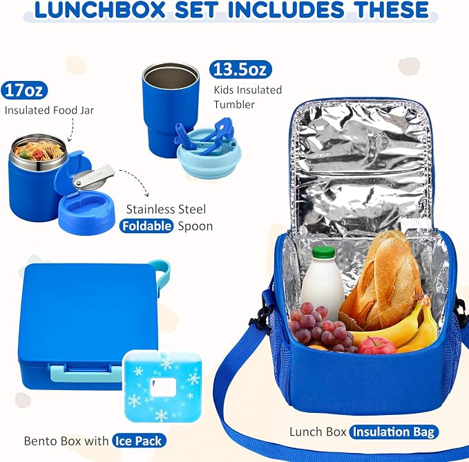 Lunch Box Set with Bento Box Container, 17OZ Stainless Steel Food Soup Thermo, Kids Water Bottle & Portable Insulated Lunch Bag – Leakproof, Hot/Cold Retention for School, Travel(Blue)